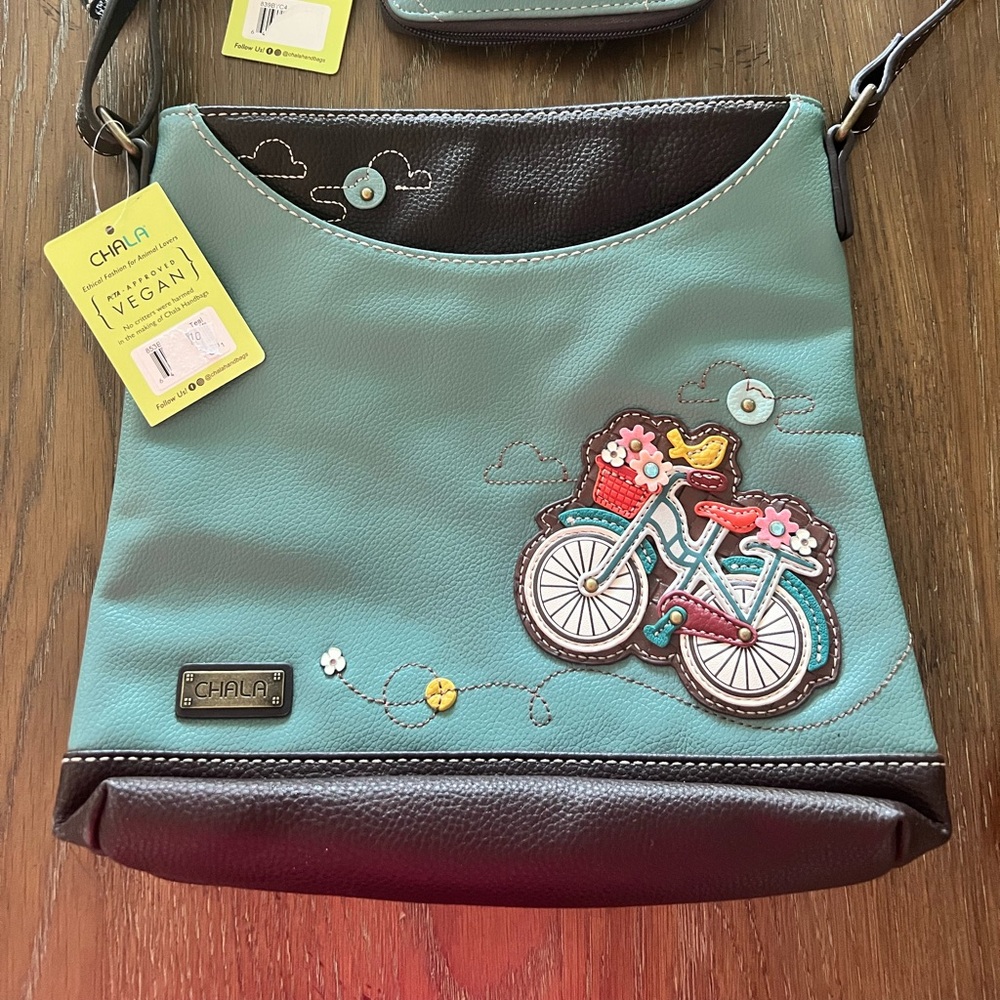Chala Blue and Black Crossbody Bag with Bicycle Design